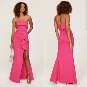 Elliatt Pink Asymmetrical Ruffled Strapless Gown